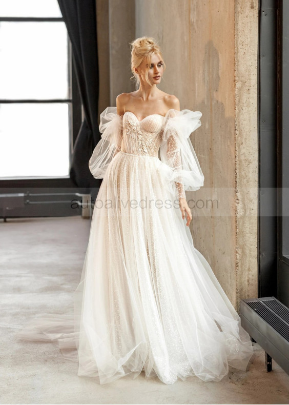 Ivory Sparkly Wedding Dress With Detachable Sleeves Ivory Sparkly Wedding Dress With Detachable Sleeves